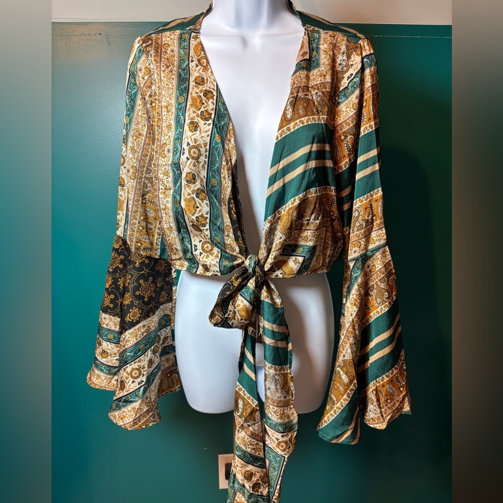 Cider Multicolor Patterned Cardigan Kimono Tie Front